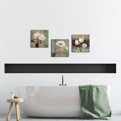 iHAPPYWALL 3 Pieces Flower Wall Art, Blue and Brown Abstract Poppy Tulip Hydrangea Painting, Rustic Home Decor 12x12inch