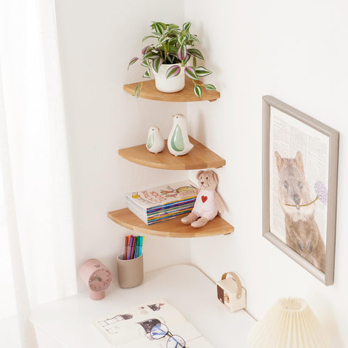 12 inches Oak Corner Shelf Natural Wood Floating Corner Shelves Round End Wall Mounted Display Shelf Corner Plant Stand