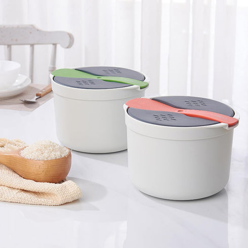 Microwave Rice Cooker 2L, Non-stick Food Grade PP Steamer with Strainer, Full Set with Lid & Spatula for Meal Noodle