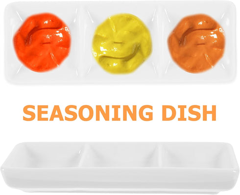 BESTonZON 3 Compartment Ceramic Dipping Bowls, 6 inch Rectangular Divided Plate for Sushi, Candy, Tomato Sauce