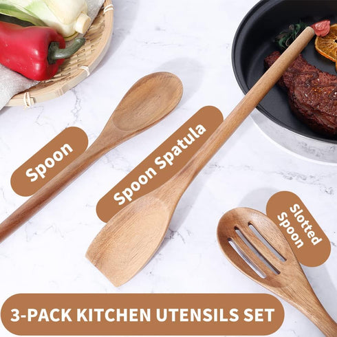 Delicate Wooden Utensils for Cooking, Set of 3 Acacia Wooden Spoons, Spatula Set, Safe for Nonstick Cookware, Easy to