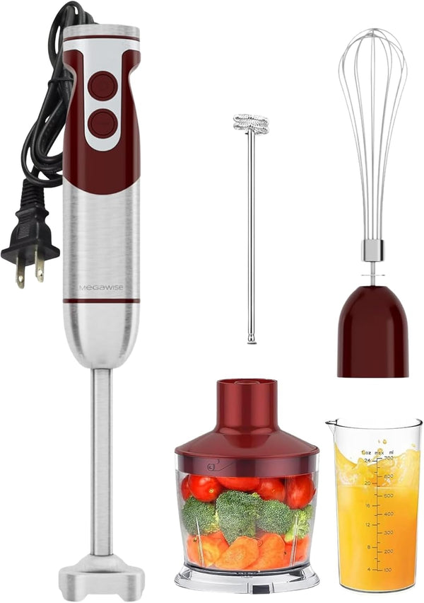 MegaWise Pro 5 in 1 Immersion Hand Blender, 1000W, 12 Speed, Titanium Blades, Includes 500ml Chopper, 600ml Beaker,