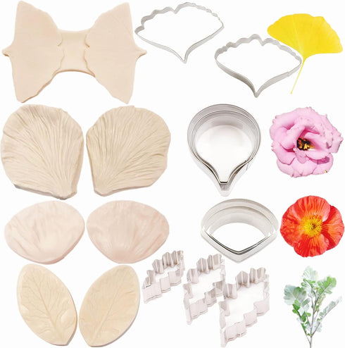 8set Gumpaste Flower Silicone Mold and Cutter, Stainless Steel Flower Cutter for Wedding and Birthday Cake Decorating