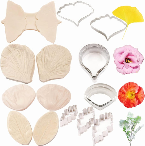 8set Gumpaste Flower Silicone Mold and Cutter, Stainless Steel Flower Cutter for Wedding and Birthday Cake Decorating