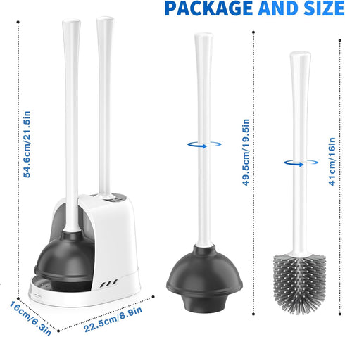 Toilet Plunger and Brush Set - Heavy Duty Silicone Bowl Brush and Plunger Combo with Ventilated Holder, White