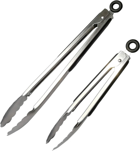 ALLTOP Metal Cooking Tongs,Stainless Steel Food Tong with No-slip Silicon and Locking Ring for Kitchen - 9 &12 inch,Set of 2-Black by ALLTOP