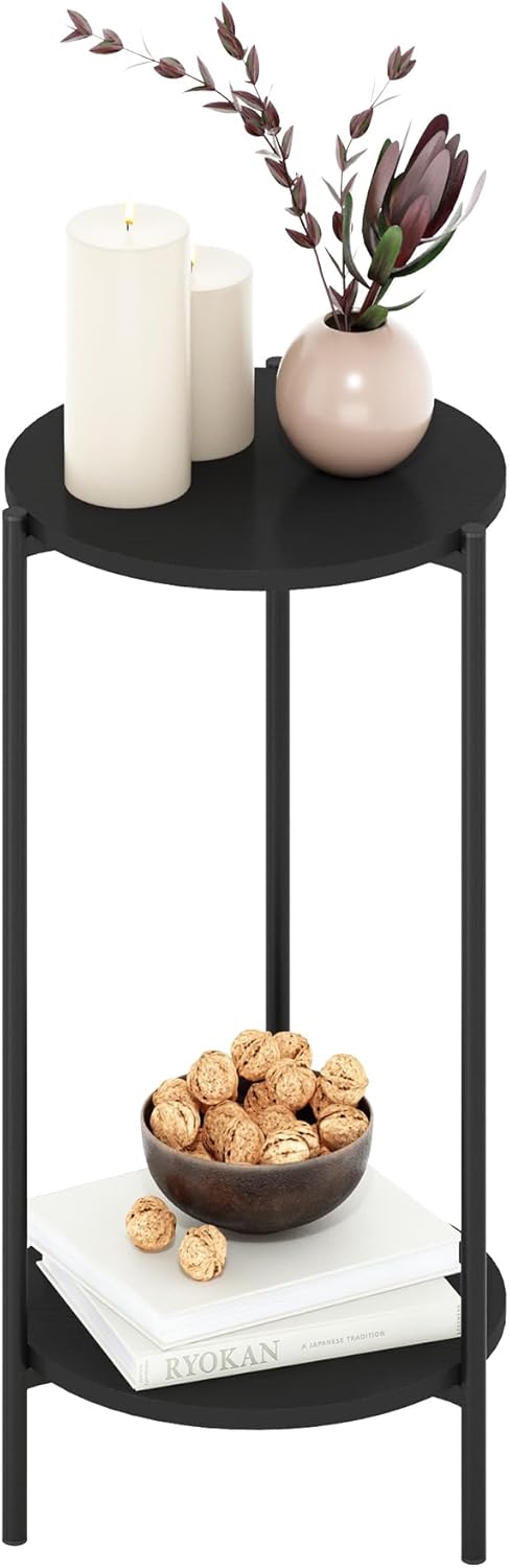 Furinno Besi 2-Tier Modern Tall Round Side End Table with Sturdy Metal