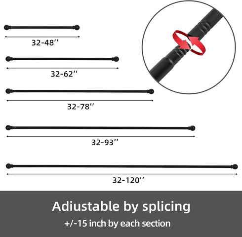 Curtain Rods for Windows 66 to 120 inch, 5/8 inch Decorative Heavy Duty Metal Set, Matte Black