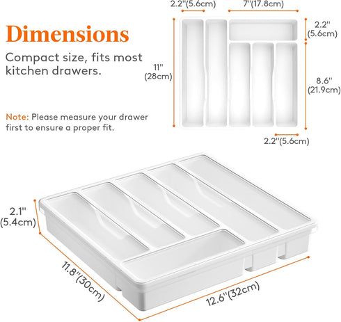 Lifewit Silverware Organizer with Lid, Covered Utensil Tray for Kitchen Drawer and Countertop, 6 Compartments, White