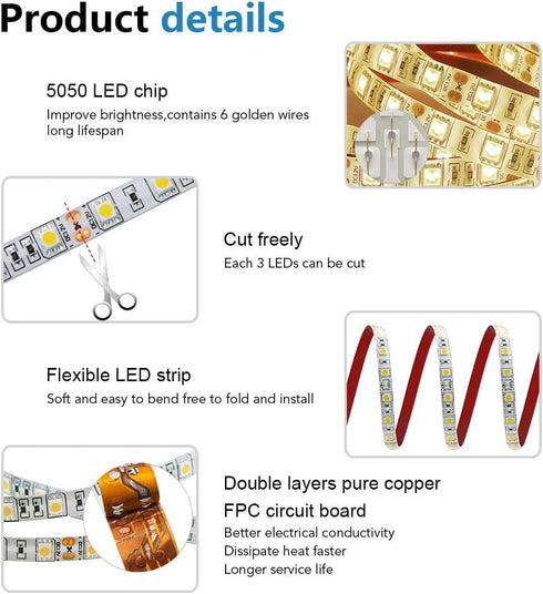 16.4ft 3500K 5050 5M 300 IP65 12V Commercial ALITOVE Warm White SMD LED Flexible Strip Ribbon Light LEDs Waterproof DC
