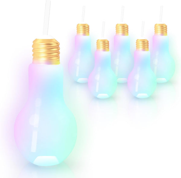 Windy City Novelties 6 Pack LED Light Up White Light Bulb Cup with Straw