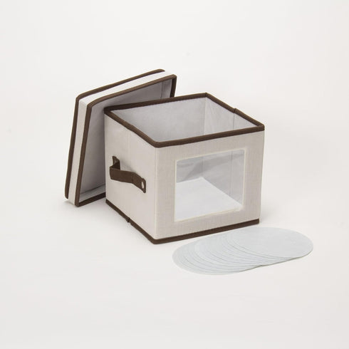 Household Essentials 534 Dinnerware Storage Box, Lid and Handles, Chest for Salad Plates, Natural Canvas with Brown Trim