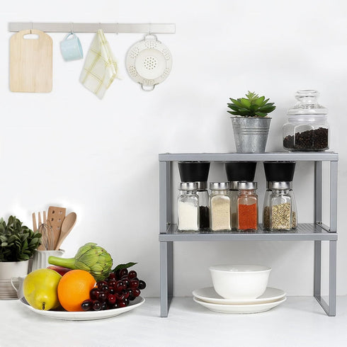 NEX Kitchen Shelf Organizer - Set of 2 Cabinet Shelf Organizer Spice Rack, Stackable Metal, Silver
