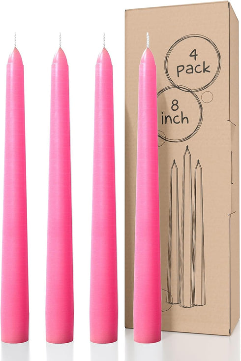 CANDWAX 8 inch Pink Taper Candles - Set of 4 Dripless and Smokeless Unscented Slow Burning Candle Sticks
