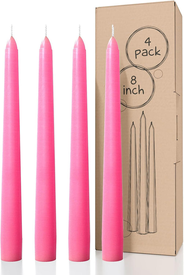 CANDWAX 8 inch Pink Taper Candles - Set of 4 Dripless and Smokeless Unscented Slow Burning Candle Sticks