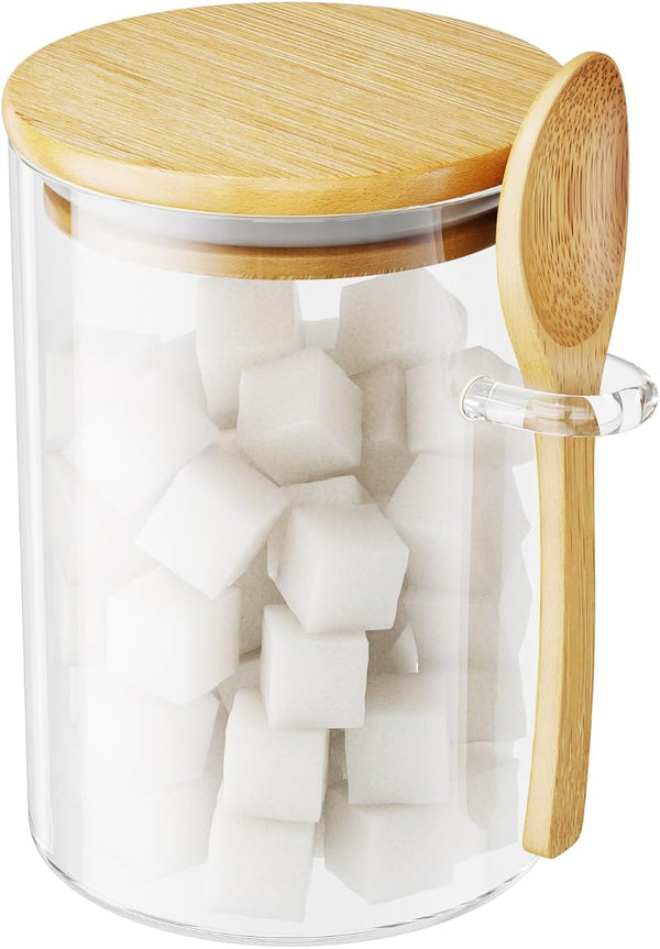Sugar Jar Glass Salt Container,15 Ounces Clear Airtight Caning with Bamboo Lid