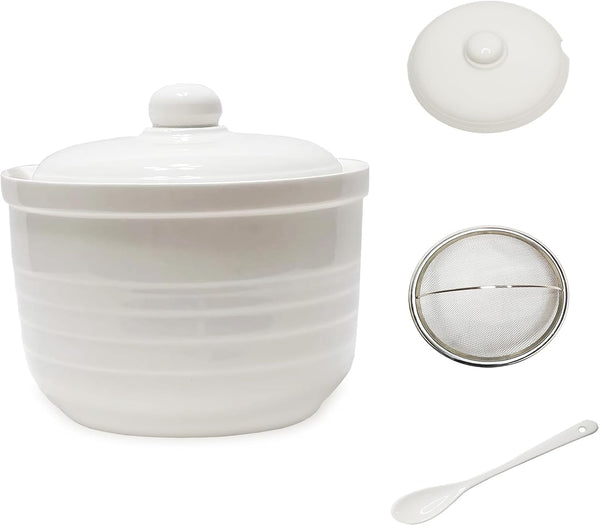 MaoYaMao Ceramic Bacon Grease Container with Stainless Steel Strainer,Cooking Oil Storage Can 17oz(White)