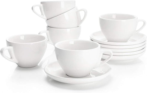 Sweese 6 Ounce Cappuccino Cups with Saucers, Porcelain Double Espresso Cups Set of 6