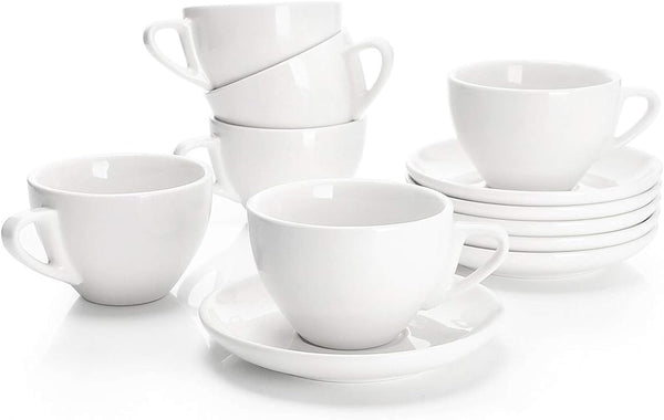 Sweese 6 Ounce Cappuccino Cups with Saucers, Porcelain Double Espresso Cups Set of 6