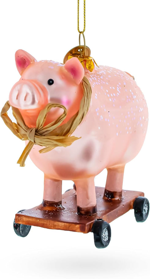 Playful Pig Riding a Skateboard Glass Ornament, Christmas Decoration