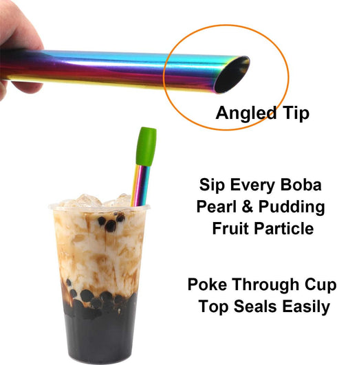 Reusable Rainbow Metal Boba Smoothie Straws, Wide Thick Angled Tip with Carry Case and Brush, 4 Pack