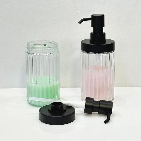 Ribbed Hand Glass Soap Dispenser Set of 2, Wide-Mouthed Glass Soap Bottles with Matte Black Pump for Bathroom & Kitchen