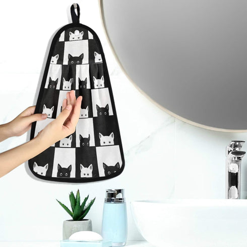 visesunny Black and White Cat Kitchen Dish Towel with Hanging Loop, Absorbent Hand Towel for Cleaning & Drying