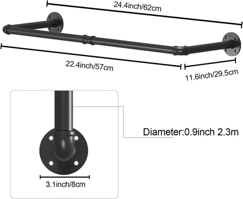 Industrial Pipe Wall Mounted Clothing Rack, Heavy Duty Space-Saving Garment Bar Rack, Detachable Multi-Purpose Hanging