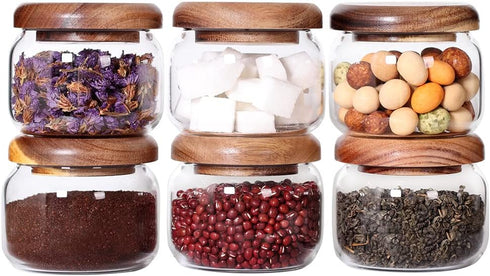 Set 6-8.5oz SAIOOL Kitchen Canisters of Glass Spice Jars With Acacia Airtight Lid and Labels Round Spice Bottles