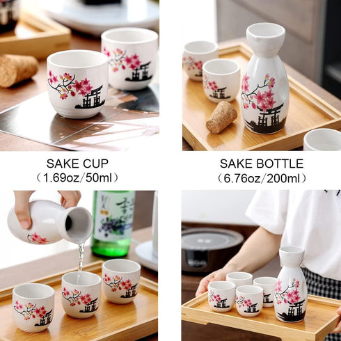 Old Craftsmen's 5 Pcs Japanese Sake Set, 200ml Sake Bottle and 50ml Cup Set, Traditional Hand Painted Design