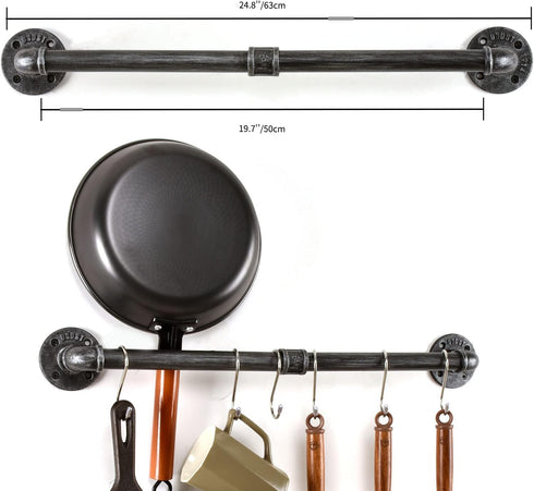 Pipe Pot Pan Rack Wall Mounted Industrial Utensil Lid Holder Cookware Hanger Kitchen Organizer Hanging Bar Rail with S Hooks(24 inch,Black Gray) by HOEMLIM