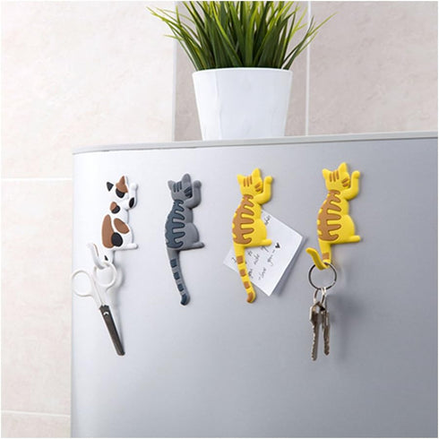 Cute Multifunction Cat Magnetic Refrigerator Sticker Fridge Magnet Hanging Hook 2 in 1 - 4pcs (Gray, Black, Yellow,