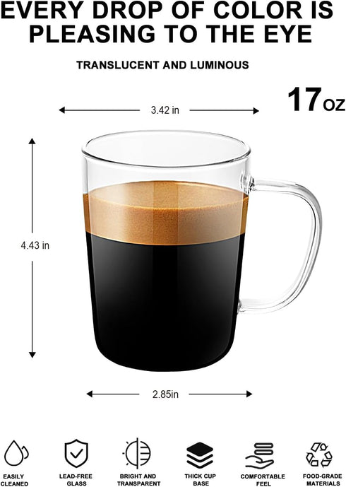 LUXU Glass Coffee Mugs Set of 4 - 17 oz Clear Beer Mugs, Lead-free Drinking Glasses for Hot and Cold Beverages