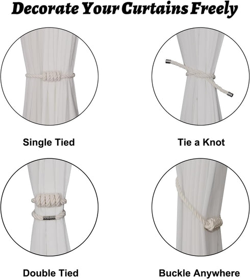BEL AVENIR Magnetic Cotton Curtain Tiebacks, Decorative Drapery Holdbacks with Exquisite Knot, 6 Pack