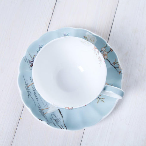 8oz Blue Fine Bone China Coffee Cup with Saucer, Colored Flowers, White Crane Porcelain Tea Cup