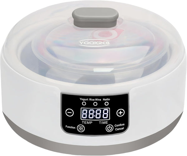 YQQKRCB Automatic Yogurt Maker with Adjust Temp(32C-45C/90F-113F)&Time(1-42h) BPA-free PP Lid,Celsius Increment,Hour Countdown,LED Display,304