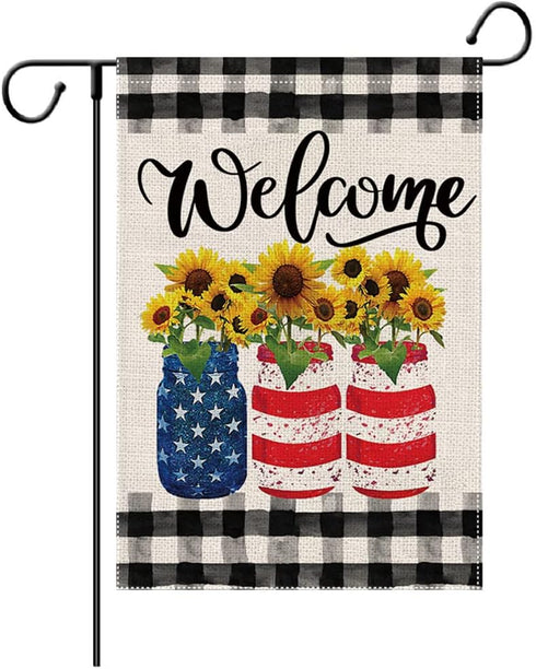 Welcome Summer Sunflowers Garden Flag 12.5 x 18 Inch, Patriotic Buffalo Plaid Double Sided Seasonal Decor