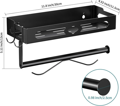Paper Towel Holder with Shelf for Bathroom, Kitchen Paper Holder Spice Rack Paper Towel Roll Holder RV Paper Towel Rack with 2 Hooks(2 Installation Methods - Self-Adhesive and Drilling)