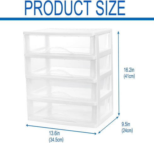 BYCY Plastic Stackable Storage 4 Drawers, White Makeup Organizer with Wide Clear Drawers, Tabletop Drawer Organizer for