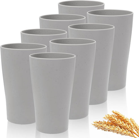 EI 15oz Wheat Straw Cups, 8pcs Grey Plastic Reusable Cups, Unbreakable, Dishwasher & Microwave Safe Tumbler Glasses