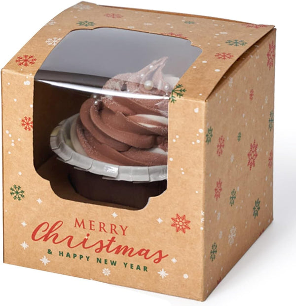 Christmas Individual Cupcake Containers with Window and Insert, Pre-Assembled Cocoa Bomb Packaging