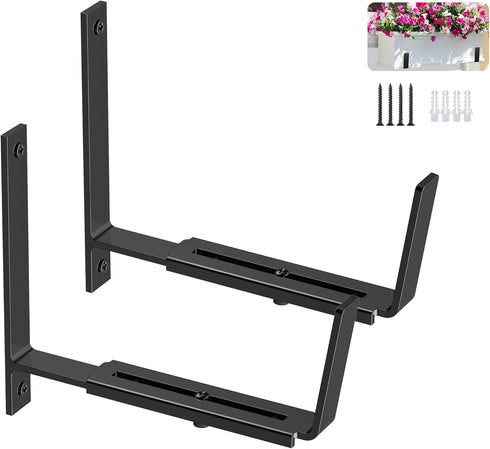 Y&M 2 Pack Adjustable Planter Box Brackets (6 to 12.5 in), Heavy Duty Iron Flower Box Wall Mounting Hooks for Garden