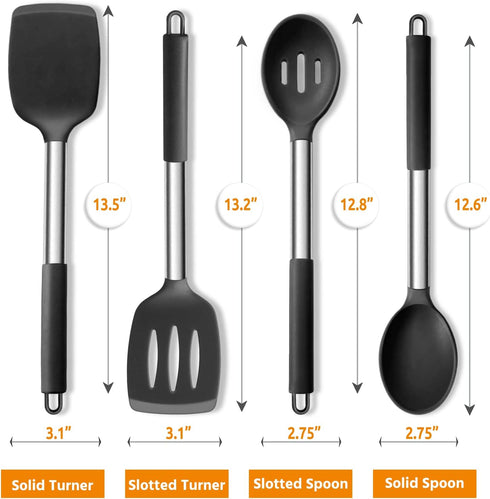E-far Cooking Utensils Set of 4, Silicone Kitchen Utensils for Non-stick Cookware, Heat Resistant & Non-toxic Slotted Spatula Solid Spoon Turner for Flipping Mixing Serving Basting(Black) by E-far