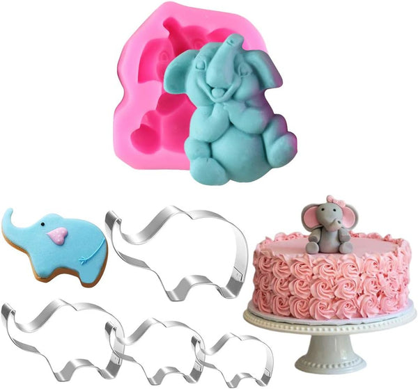 6Pcs/Set Elephant Silicone Molds & Stainless Steel Cookie Cutters for Baby Shower Party Favors Supplies