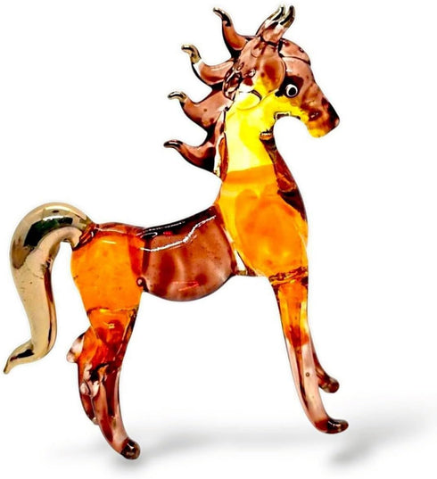 Tiny 2½" Long Brown Gold Standing Horse Figurine, Miniature Hand Blown Painted Glass