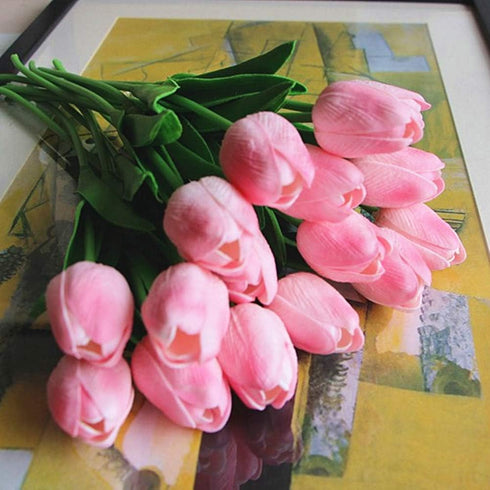 Artificial PU Tulips 10Pcs - Real Touch Fake Flower Arrangement Bouquets for Home Office Wedding Decoration (Pink)