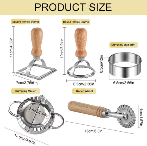 Set 5, Set Ravioli Pasta Cutter Wheel of Ravioli Makers with Roller Ravioli Stamp Cutter with Wooden Handle, Pasta