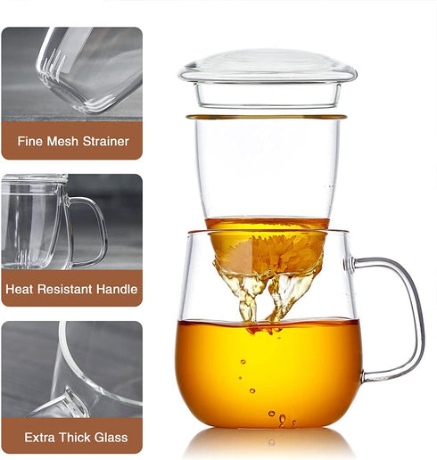 17.6oz/520ml DOPUDO Glass Tea Cup with Infuser and Lid, Large Borosilicate Teacup,Tea Glass, Clear Mug for Loose Leaf