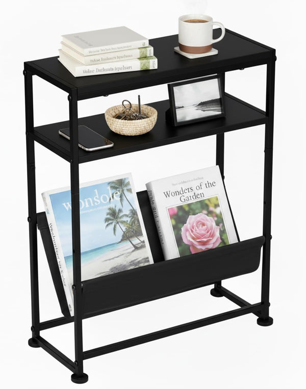 Narrow End Table for Small Spaces - Slim Side Table with Magazine