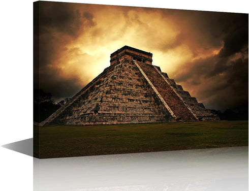 Mayan Chichen Itza Wall Art, Pyramid of Kukulcan El Castillo Sunset Painting, 16" Wx24" H Canvas Print